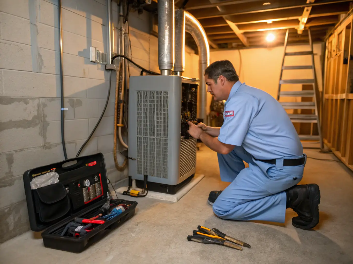An SK Comfort Heating & Air technician performing routine maintenance on an HVAC system, emphasizing the importance of regular check-ups for system longevity.